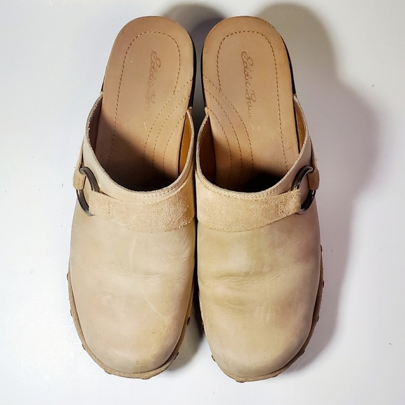 EDDIE BAUER Clogs Tan Leather Mahogany 3" Heel Suede Strap & Rivets Women's 8 M - Picture 6 of 11